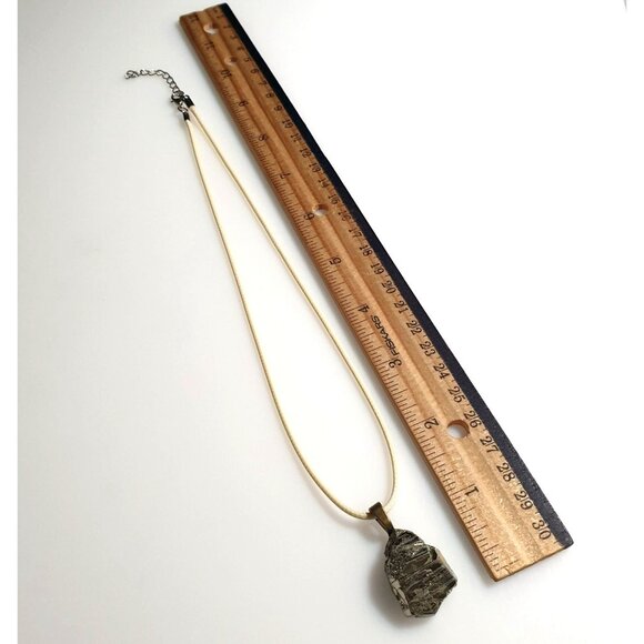 Natural Raw Pyrite Stone Pendant Beige Cord Necklace 17" To 19" Length Gift - Picture 5 of 5